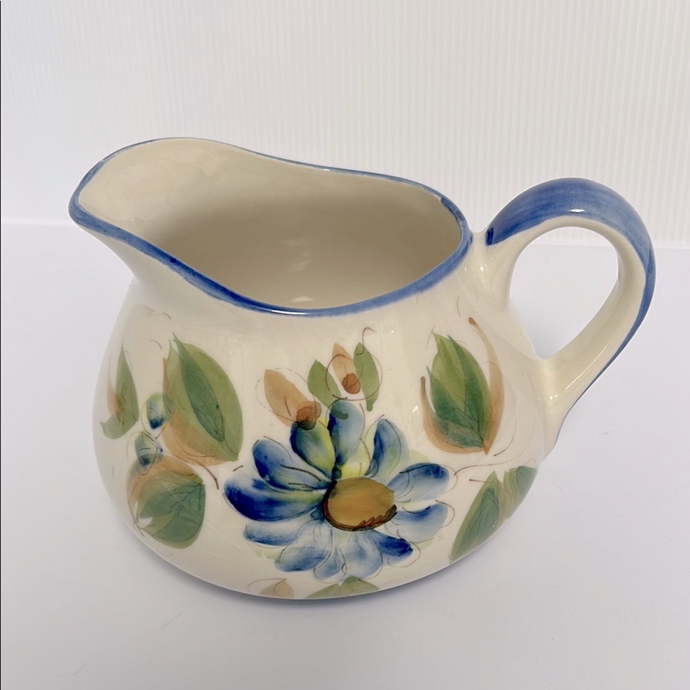 Vintage Secia Portugal Handpainted Wide Mouth Glazed Floral Pitcher Pottery